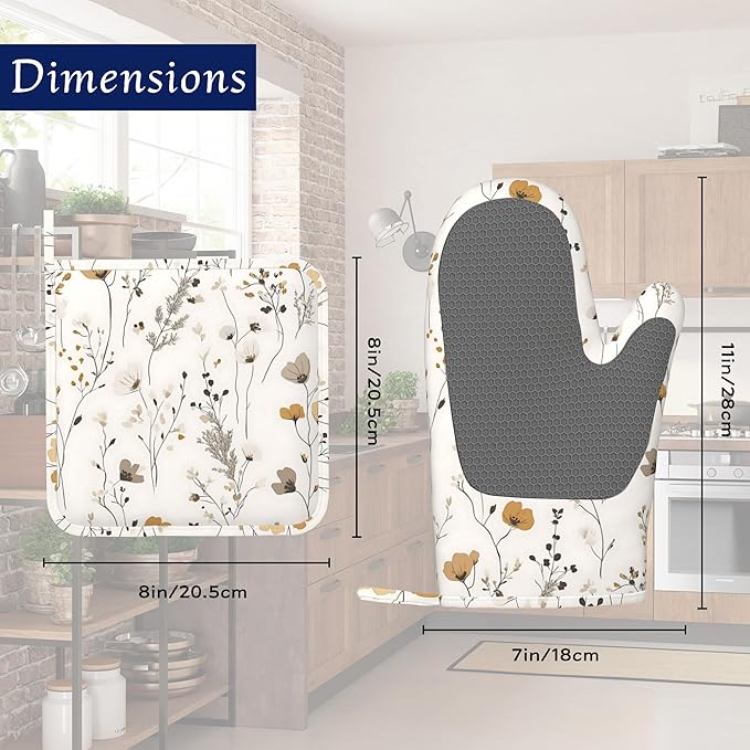 Vintage Wild Flowers Oven Mitts and Pot Holders Herb Floral Silicone Kitchen Accessories Set of 4 Heat Resistant Non-Slip Long Gloves Potholder for Chef Cooking Baking Gifts Women Men