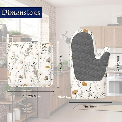 Vintage Wild Flowers Oven Mitts and Pot Holders Herb Floral Silicone Kitchen Accessories Set of 4 Heat Resistant Non-Slip Long Gloves Potholder for Chef Cooking Baking Gifts Women Men