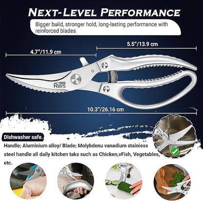 Heavy Duty Poultry Shears – Professional Stainless Steel Kitchen Scissors for Chicken, Turkey, Bone, Meat & Fish – Spring Loaded Spatchcocking Shears – Dishwasher Safe with Safety Lock