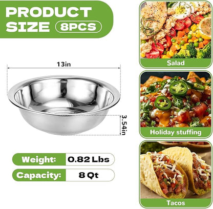 8 PCS Stainless Steel Mixing Bowls 13 Inch 8 Qt Extra Large Metal Basin with Mirror Finish, Heavy-Duty Salad Dough Bowl Kitchen Prep Bowl Dishwasher Safe Dish Tub for Home & Commercial Cooking