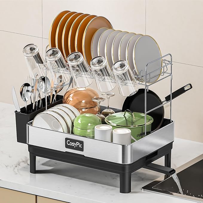 2 Tier Dish Drying Rack, Thicker Premium 304 Stainless Steel Dish Racks for Kitchen Counter, Automatic Drainage Spout, Dish Drainer & Drainboard Set with Utensil Holder and Cup Holder, Black by CosyPic