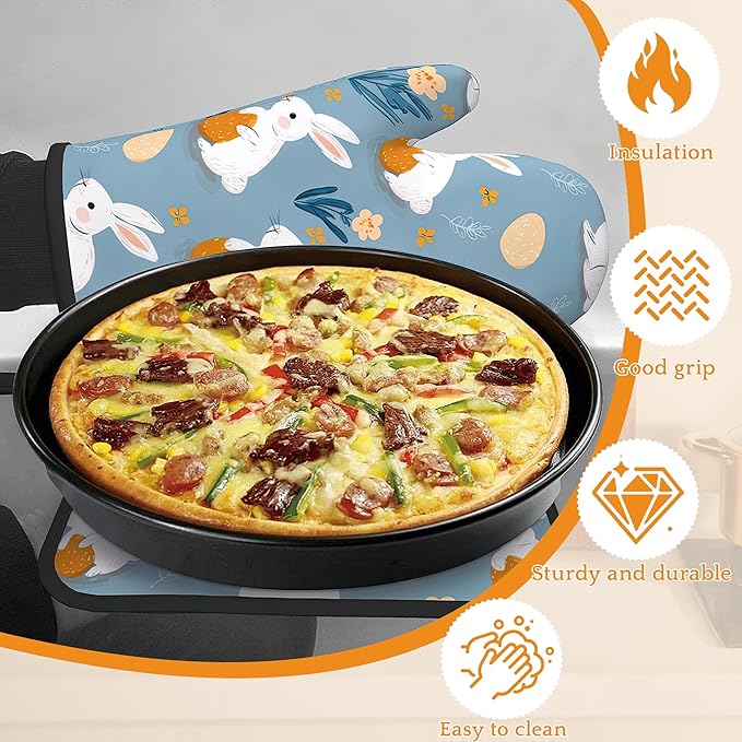 Easter Oven Mitts and Pot Holders Set,Cute Rabbit Kitchen Decor Heat Resistant Non Slip Hot Pads and Oven Mitt for Chef Cooking Baking BBQ Mom Girl Gifts(4 Piece Set)