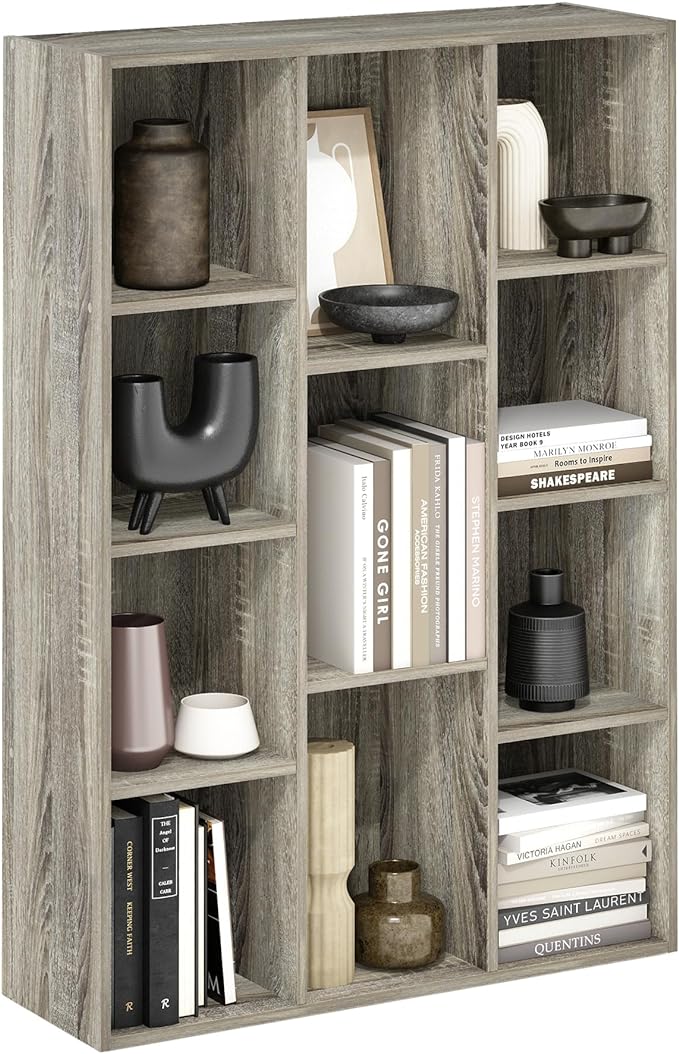 Furinno LUDER Book Shelf, 11-Cube Bookshelf, Reversible Bookcase, 9.4 x 29.1 x 41.7, Easy Assembly, for Living Room, Bedroom, Home Office, French Oak | Furinno, Luder, 11-Cube, Reversible, Open Shelf, Bookcase by Furinno-FitsYourSpaceFitsYourBudget