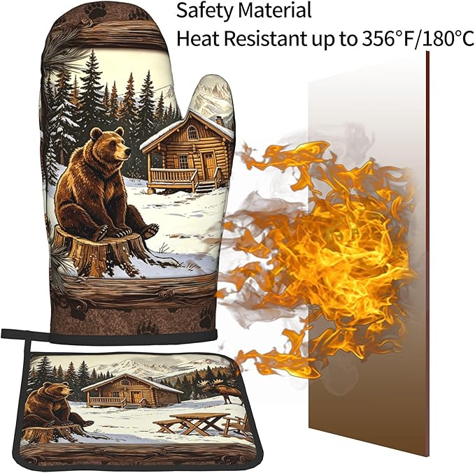 Vintage Oven Mitts and Pot Holders Sets Rustic Cabin Kitchen Gloves Bear Hot Pads Cute Baker Stuff Chef Cooking Baking Gifts for Women - Image 5