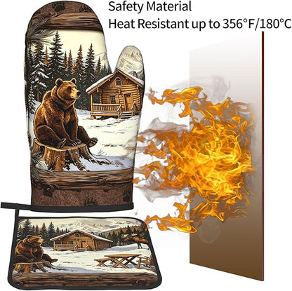 Vintage Oven Mitts and Pot Holders Sets Rustic Cabin Kitchen Gloves Bear Hot Pads Cute Baker Stuff Chef Cooking Baking Gifts for Women - Image 5
