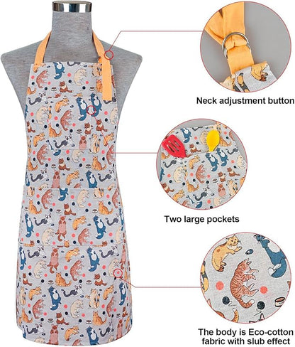 Alselo Oven Mitts and Pot Holders with Chef Apron,Set of 5 Heat Resistant Kitchen Gloves and Silicone Non-Slip Potholders Adjustable Neck Buckle Chef Apron, Cotton Nice Design for Cooking (Cat)