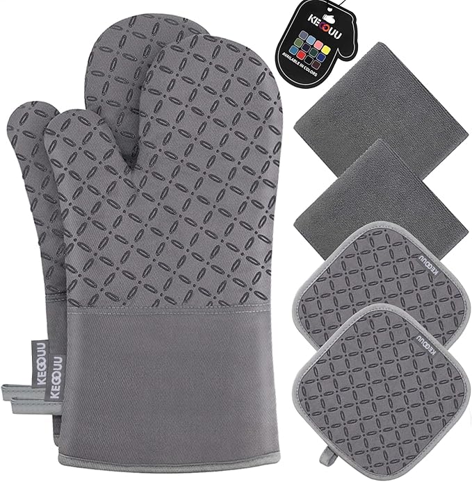 KEGOUU Oven Mitts and Pot Holders 6pcs Set, Kitchen Oven Glove High Heat Resistant 500 Degree Extra Long Oven Mitts and Potholder with Non-Slip Silicone Surface for Cooking (Grey) by KEGOUUOvenMitt