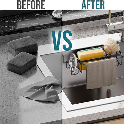 TAILI Sponge Holder with Strong Suction Cup, 4-in-1 Rustproof Sink Organizer - Sink Caddy Holds Sponges, Brushes, Stoppers & Scrapers -Black - Image 4