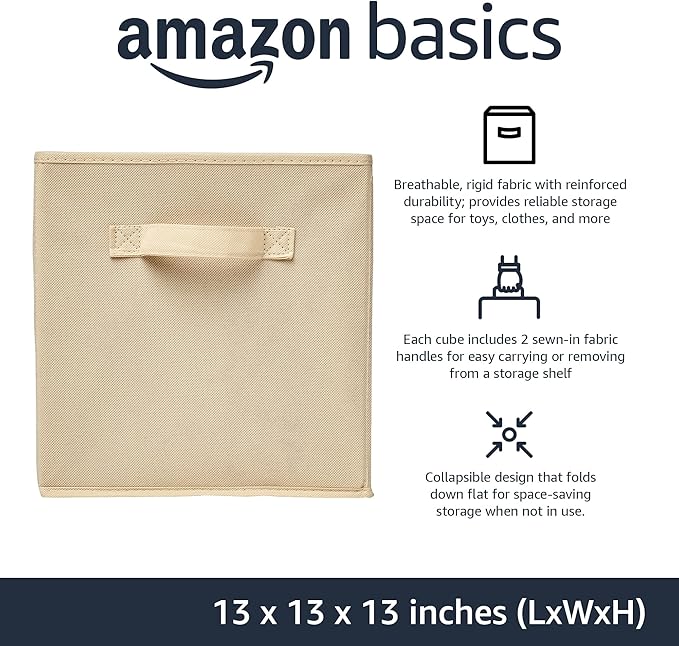 Amazon Basics Collapsible Fabric Storage Cube Bins Organizer with Handles for Organization and Organizing Solution, 13"x13"x13", Beige, 6-Pack - Image 2