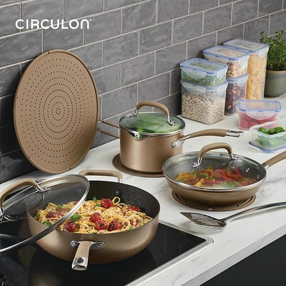 Circulon A1 Series with ScratchDefense Technology Nonstick Induction Pots and Pans, Metal Utensil Safe, Includes Splatter Guard, Slotted Turner and Silicone Trivets, 10 Piece Cookware Set - Champagne - Image 2