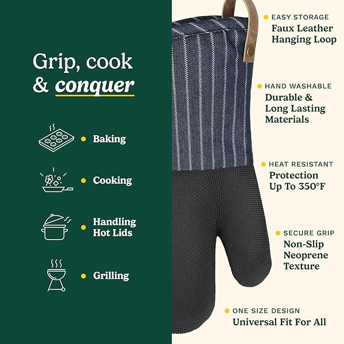 Cuisinart Heritage Kitchen Oven Mitts – Heat-Resistant Kitchen Mitts for Oven with Non-Slip Neoprene Palm, Long Cuff, and Cotton Filling – Durable Oven Gloves for Cooking, Baking, & Grilling - Image 5