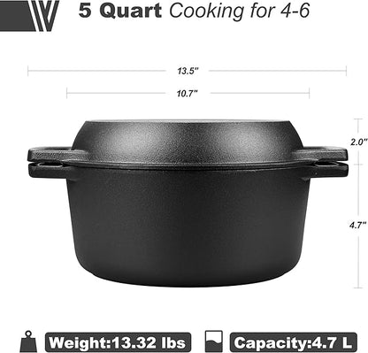VORRINGARD Pre-seasoned Cast Iron Double Dutch Oven Pot with Skillet Lid, Dual-handle, for Bread Baking, Outdoor, Campfire Cooking, 5 Quart - Image 3