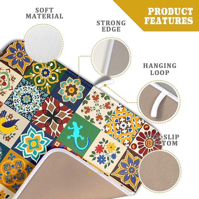 Giwawa Mexican Tile Dish Drying Mat 16"x18" Talavera Boho Floral Print Dish Drainer Mats Rustic Ethnic Traditional Reversible Small Dish Drying Pad Protector for Kitchen Countertop Decor