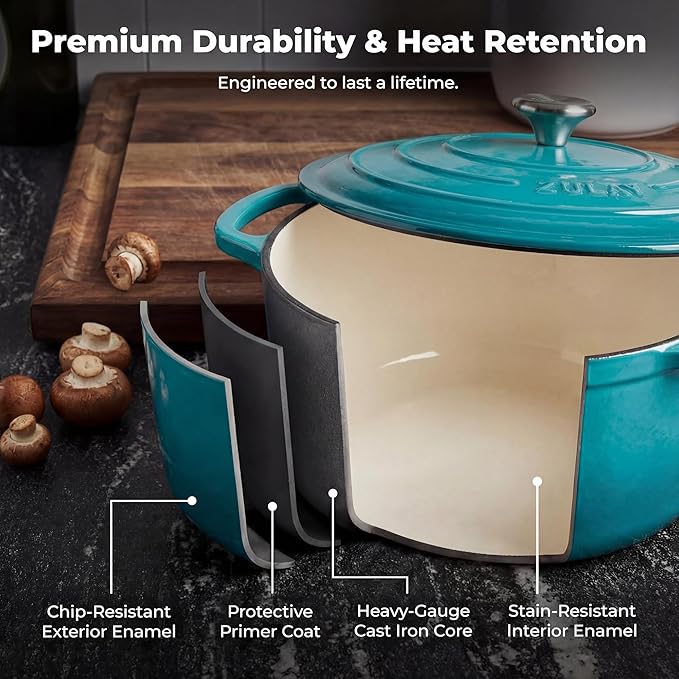 Zulay Kitchen 5 Quart Enameled Cast Iron Dutch Oven Pot with Lid – Premium Durability & Oven Safe up to 500°F – Heavy Duty Cookware Perfect for Bread Baking, Stews, Braising & Roasting – Light Blue - Image 5