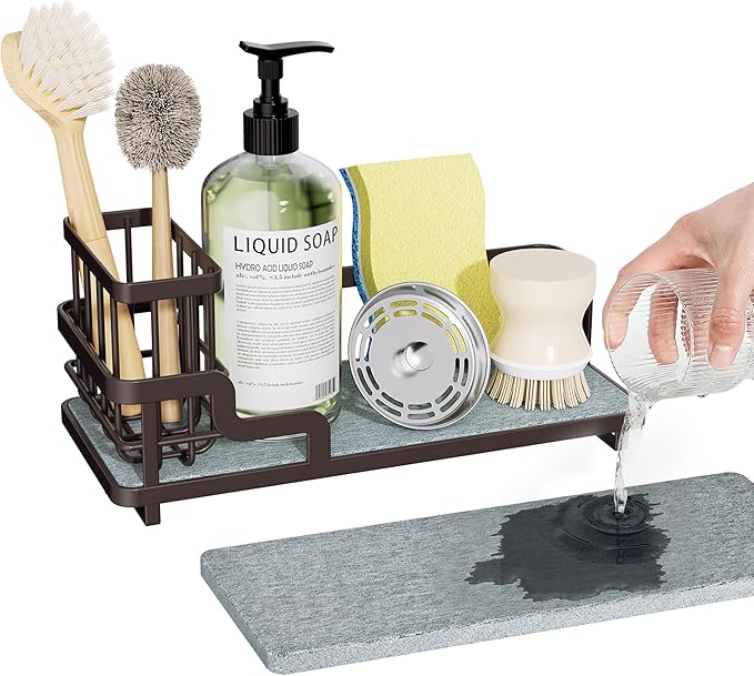 Consumest Sponge Holder for Kitchen Sink - Sink Caddy Organizer with Water Absorbing Stone Tray, Detachable Brush Holder, Stainless Steel Kitchen Counter Organizer Rack, Bronze by Consumest