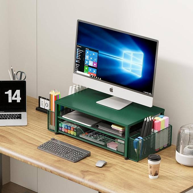 OPNICE Desk Organizers and Accessories, 2-Tier Computer Monitor Stand Riser with Drawer and 2 Pen Holders, Laptop Stand, Office Desk Accessories for Office Supplies, Dark Green - Image 6
