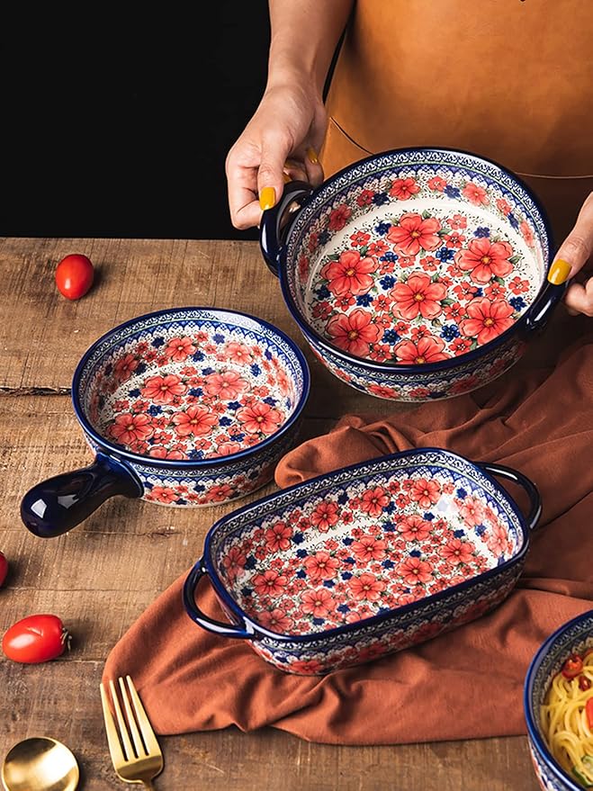 Vintage Style Cherry Blossom Flowers Pottery Bakeware Ceramic Casserole Dish Baking Pan Lasagna Pans Baking Dish with Handles for Oven to Table-1 PCS, 32 oz - Image 7