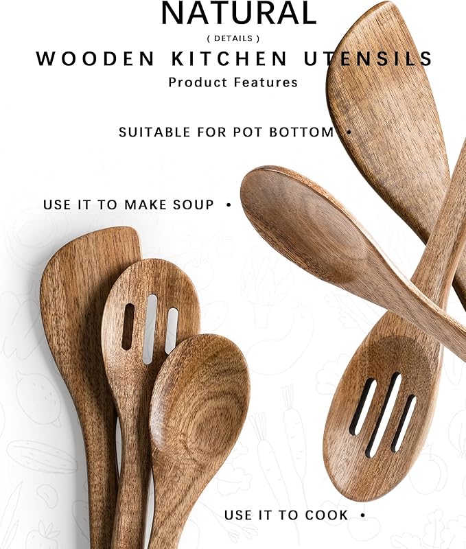 Wooden Spoons for Cooking, 3-Piece Wood Utensil Set Includes Slotted Spoon, Spoon & Wooden Spatula for Cooking – Acacia Wood Kitchen Utensil Set – 12 Inch Hardwearing Tools - Image 4