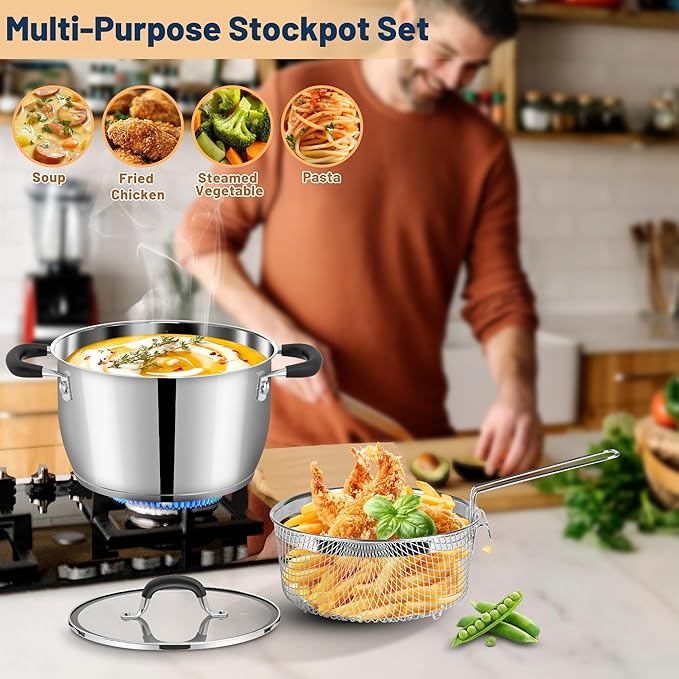AOSION 6 Quart Stainless Steel Stock Pot with Lid, Deep Fryer Basket for Kitchen Colander Frying Cooking Steaming, 6QT Large Stock Pot for Cooking, Induction Ready, Compatible with All Stoves - Image 4