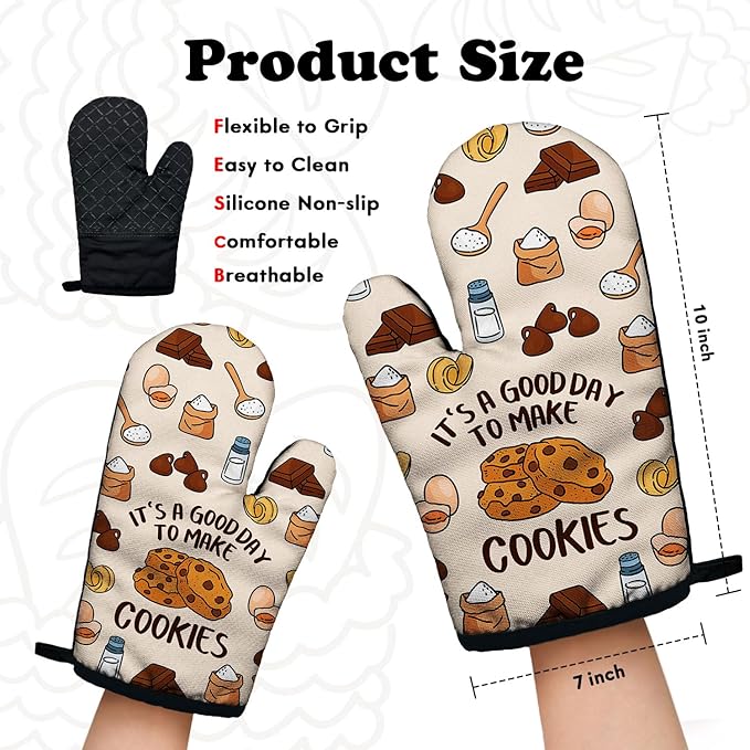 Funny Cookie Lovers Cooking and Baking BBQ Kitchen Gadgets with Heat Resistant Silicone Non-Slip, It's A Good Day to Make Cookies Oven Mitts Set of 2, Gifts for Bake Lover Bakers Hostess Mom Wife