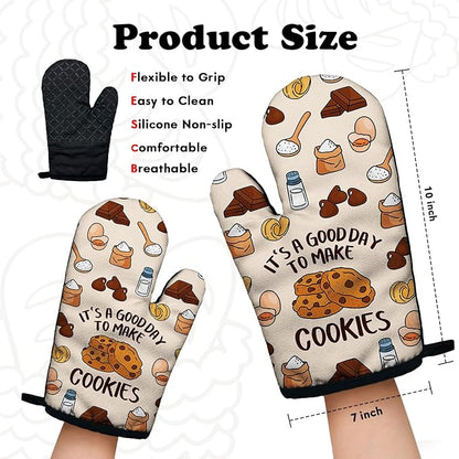 Funny Cookie Lovers Cooking and Baking BBQ Kitchen Gadgets with Heat Resistant Silicone Non-Slip, It's A Good Day to Make Cookies Oven Mitts Set of 2, Gifts for Bake Lover Bakers Hostess Mom Wife