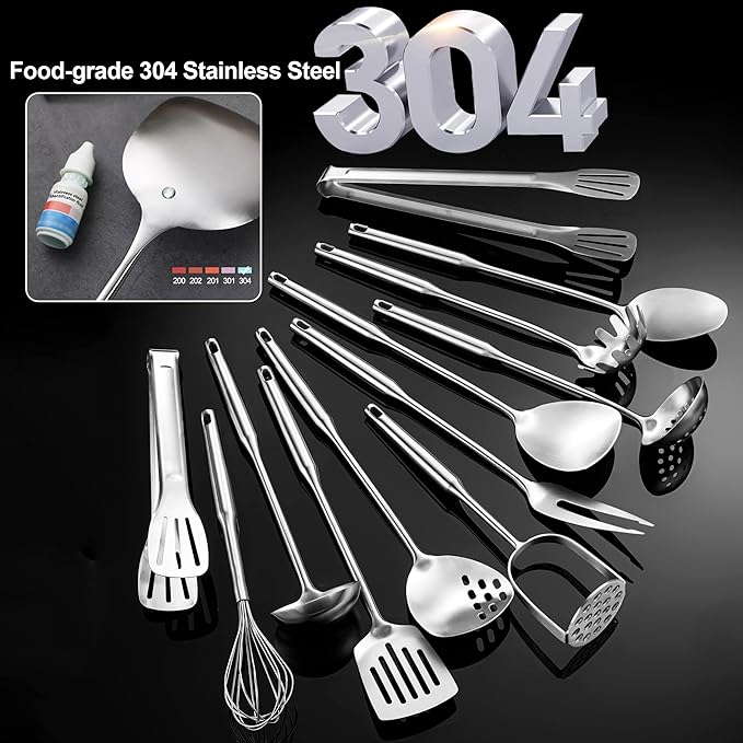 Stainless Steel Kitchen Utensils 12 Pcs, Small Cooking Utensils Set,Spatulas,Ladle,Skimmer,Tunners,Serving Spoon,Spaghetti Spoon,Fork,Potato Masher,Egg Whisk,Tongs,Dishwasher Safe - Image 8