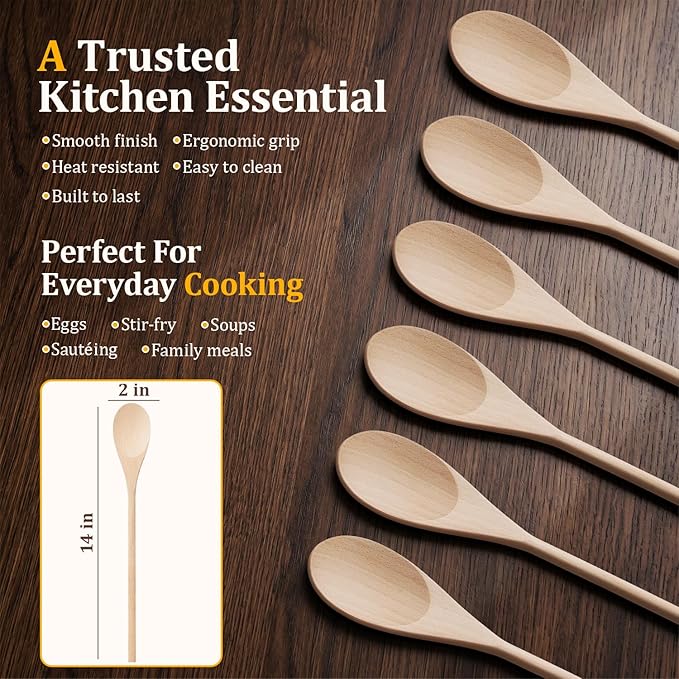 Cooking Wooden Spoons, MORGLES 14-Inch Serving Spoons for Stirring Mixing Serving Long Handle Plastic Free Reusable Non Scratch Dishwasher Safe, 5PCS