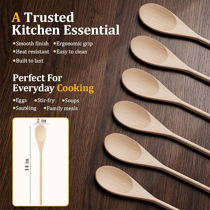 12 Pcs Wooden Spoons for Cooking, MORGLES 14-Inch Serving Spoons for Stirring Mixing Serving Long Handle Plastic Free Reusable Non Scratch Dishwasher Safe