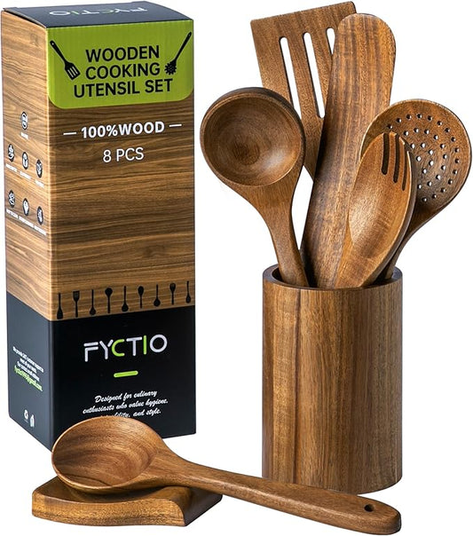 Wooden Utensil Set 8 Pcs - Natural Non-Toxic Acacia Wooden Spoons for Cooking, Nonstick, Sturdy, Non-Scratch, Easy to Clean, Wood Kitchen Utensils Set with Holder, Spoon Rest & 6 Hooks by FyctioHome