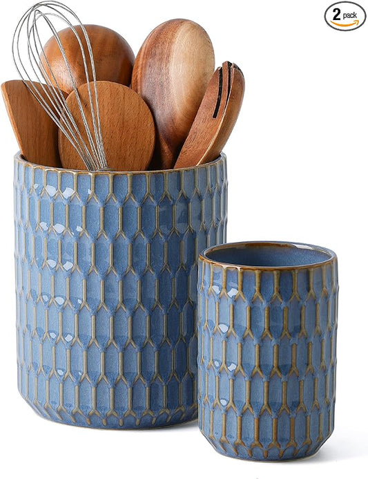 Utensil Holder, 7.5"+5.3" Ceramic Kitchen Utensil Holder for Countertop, Large Cooking Utensil Crock for Kitchen Counter, Set of 2, Blue by Artebake