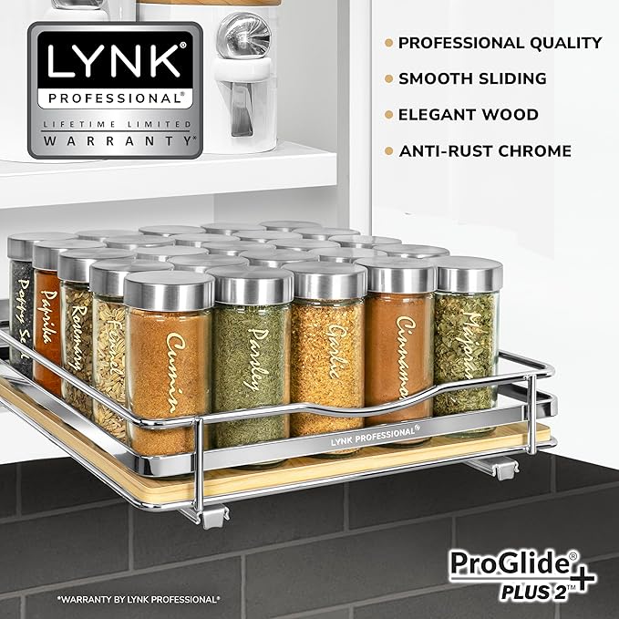 LYNK PROFESSIONAL® Élite™ Pull Out Spice Organization for Cabinets - 10-3/8 inch Wide – Spice Rack for Inside Cabinets – Wood/Chrome - Sliding Spice Rack Organizer for cabinet – Spice Rack - 1 Tier - Image 2