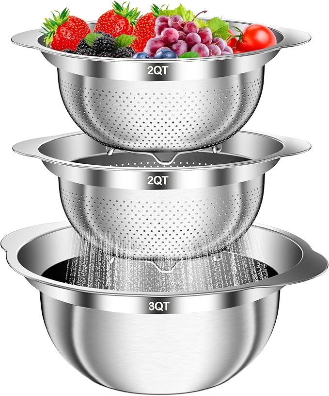 Stainless Steel Colander, 3Pcs Strainer for Kitchen Food with Handle Kitchen Gadget Food Strainer Basket for Washing Vegetables, Fruits, Rice, and Pasta, (2+2QT Colander + 3QT Mixing Bowl) by AUFETQ