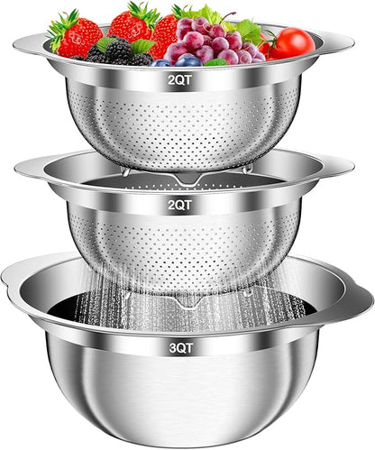 Stainless Steel Colander, 3Pcs Strainer for Kitchen Food with Handle Kitchen Gadget Food Strainer Basket for Washing Vegetables, Fruits, Rice, and Pasta, (2+2QT Colander + 3QT Mixing Bowl) by AUFETQ
