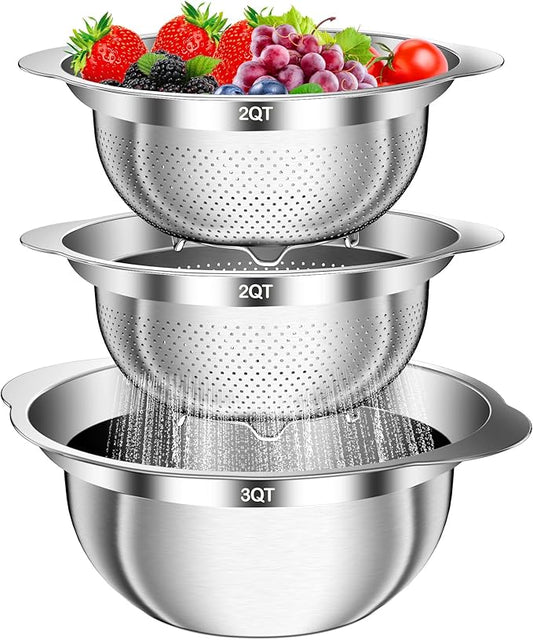 Stainless Steel Colander, 3Pcs Strainer for Kitchen Food with Handle Kitchen Gadget Food Strainer Basket for Washing Vegetables, Fruits, Rice, and Pasta, (2+2QT Colander + 3QT Mixing Bowl) by AUFETQ