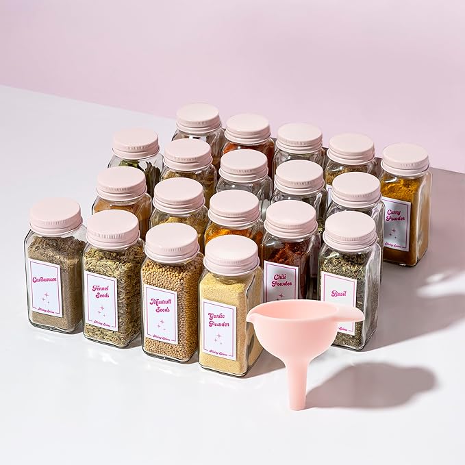 Paris Hilton Glass Spice Jar Storage Set, 4-Ounce Empty Spice Jars with Labels, Shaker Caps and Metal Lids, Collapsible Funnel Included, 20-Piece, Pink - Image 8
