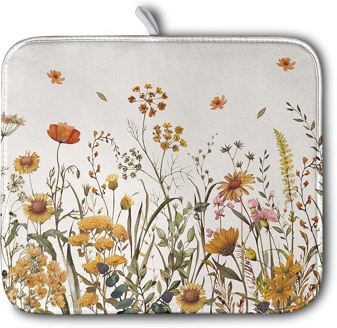 Fall Floral Dish Drying Mat for Kitchen Counter Autumn Burnt Orange Wild Flowers Dish Draining Mat Absorbent Microfiber Dishes Pad Washable Dish Drainer Rack Mat Medium 16"x18" by Kwlegh