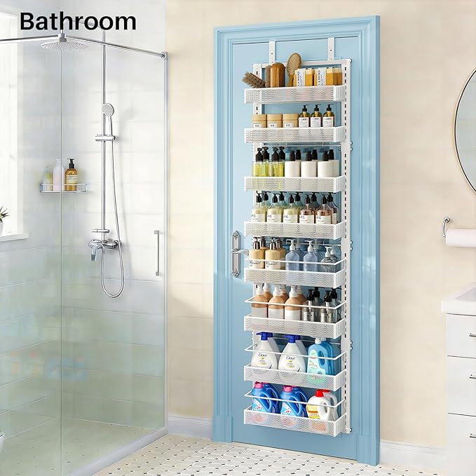 8 Tiers Over the Door Organizer - Height Adjustable Pantry Organizers and Storage with Dense Mesh Baskets, Anti-Swing Hanging Door Spice Rack for Kitchen Bathroom (White, 12.3"W x 4.7"D x 69"H) - Image 5