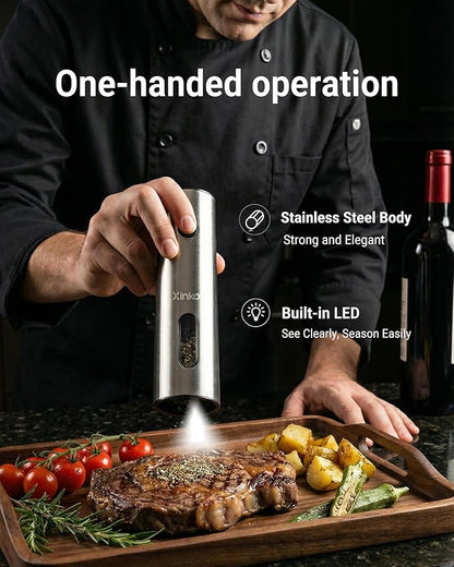 Electric Salt and Pepper Grinder Set with USB-C Charging Base, Stainless Steel Automatic Rechargeable Salt and Pepper Grinder with LED Light & Large Capacity, 6 Adjustable Coarseness Settings