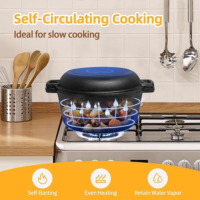 Pre-Seasoned Cast Iron Dutch Oven Pot with Skillet Lid, 5 Qt Bread Dutch Oven Includes Proofing Basket Sourdough Starter Kit for Bread Baking, Camping, Frying and Braising - Image 5