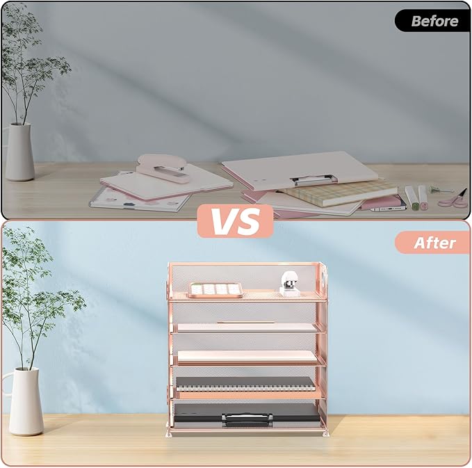 Supeasy 5 Trays Paper Organizer Letter Tray with Handle-Mesh Desk File Organizer, Paper Sorter Desk Organizer for Office, Home or School (Rose Gold) - Image 6
