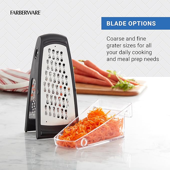 Farberware Professional Stainless Steel Grater with Container, Coarse and Fine Blades, Nonslip Base, Easy-Grip Handle, Dishwasher Safe - Image 4