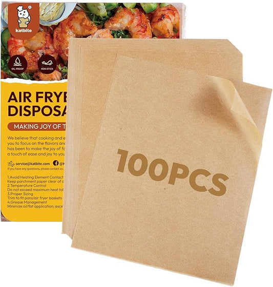 Katbite Air Fryer Disposable Paper Liners 100 Pcs, 9x11 Inch, Oil Resistant & Easy Clean, Non-stick Rectangular Paper Sheets Basket Liner for Toaster Oven Xl Air Fryer by katbite