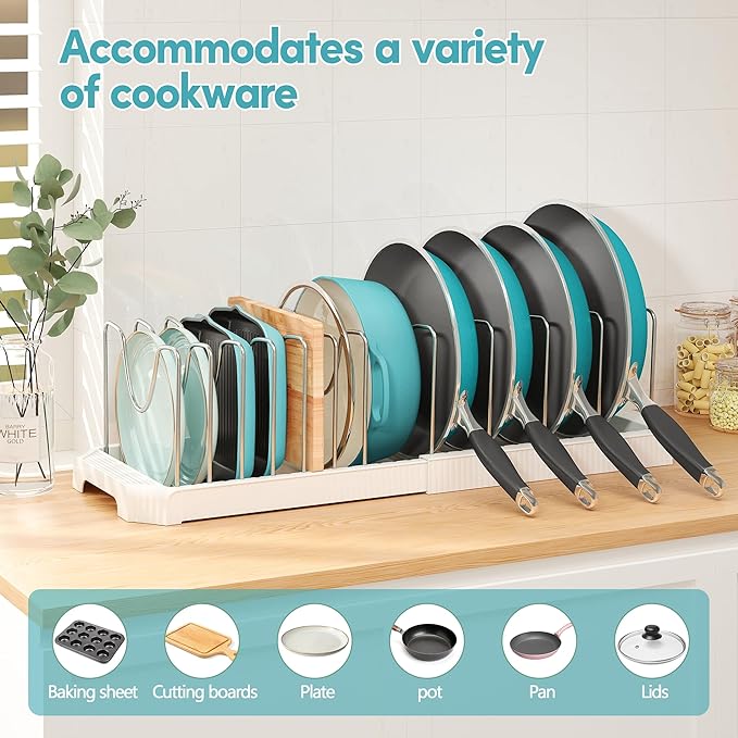 Pots and Pans Organizer for under Cabinet, Pan Pot Organizers inside Cabinet, Expandable Organizer with 12 Adjustable Dividers for Cookie Sheets, Cutting Boards, Pot Lids, Cookware - Frying Pan Rack - Image 4