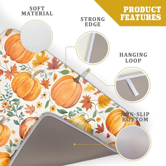 Fall Pumpkin Thanksgiving Dish Drying Mat for Kitchen Counter 18x24 Autumn Leaves Harvest Theme Absorbent Reversible Microfiber Drying Mats Kitchen Countertop Protector Dishes Drainer Pad - Image 4
