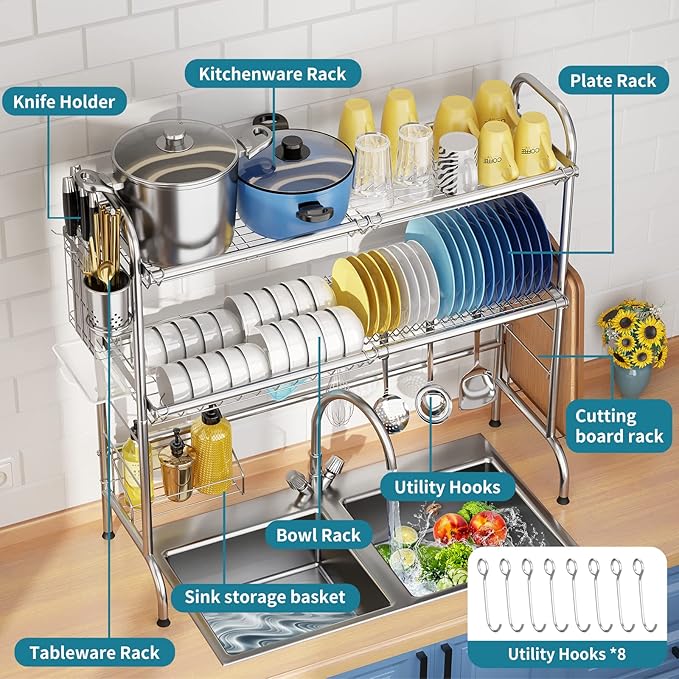 HOWDIA Stainless Steel 2-Tier Over The Sink Dish Drying Rack with Utensil Holder, Large, for Kitchen Counter - Image 5
