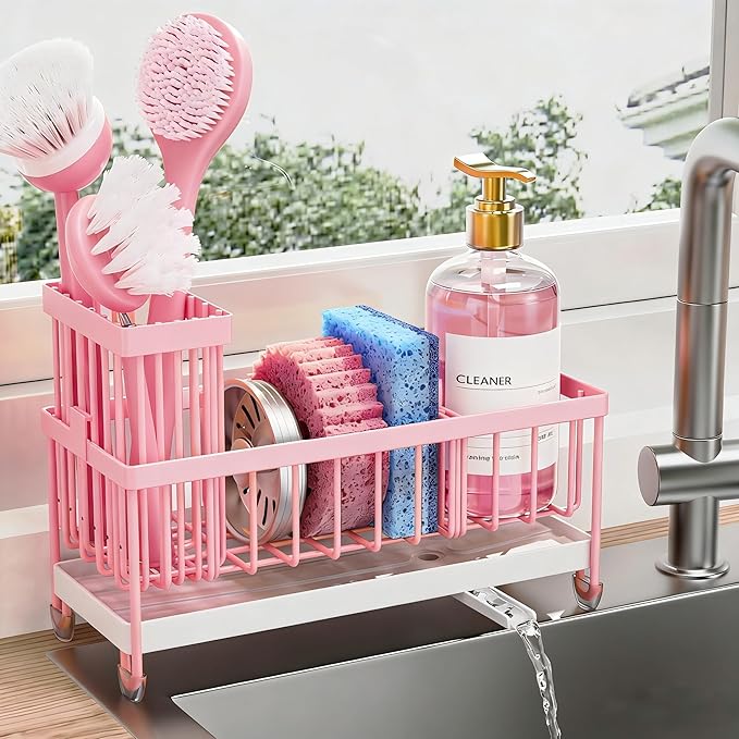 Cisily Sponge Holder for Kitchen Sink, Sink Caddy Organizer with High Brush Holder, Kitchen Countertop Organizers and Storage Essentials, Rustproof 304 Stainless Steel (Pink, 9.25″) by CISILYHOMELIFE