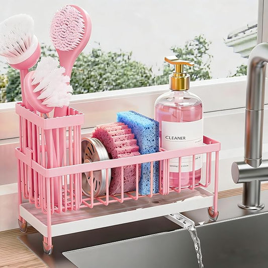 Cisily Sponge Holder for Kitchen Sink, Sink Caddy Organizer with High Brush Holder, Kitchen Countertop Organizers and Storage Essentials, Rustproof 304 Stainless Steel (Pink, 9.25″) by CISILYHOMELIFE