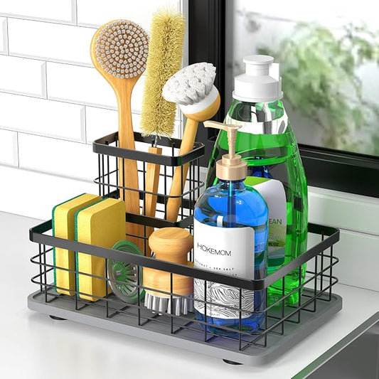 Kitchen Sink Caddy Organizer, [Stay-Dry Anywhere & No Drainage Needed] Sponge Holder for Kitchen Sink Countertop,Stainless Steel with Rust-Resistant Coating-10.24" L x 6.5" W x 5.83" H by HOKEMOM