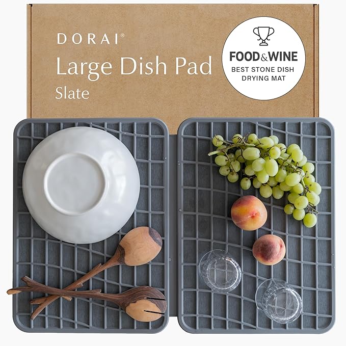 Dorai Home Dish Pad - Collapsable Stone Dish Drying Mat with Diatomaceous Earth for Quick Drying - Ultra Absorbent - Encased in Woven Silicone - Eco-Friendly, Foldable - Large 24.6" x 16.5", Slate by DoraiHome