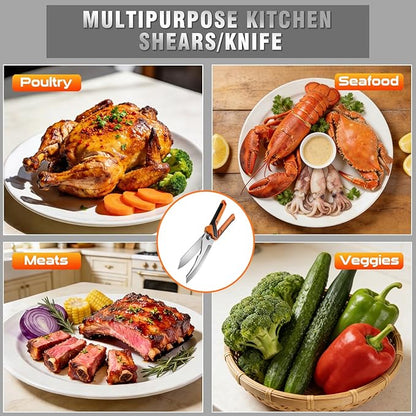 Chenovate® Heavy Duty Kitchen Scissors,Kitchen Shears with Knife & Scissor Switch Lock,Food Scissors Fit for Poultry Bones,Turkey,Meat Cutting,Veggies,Fish,Pizza (orange)